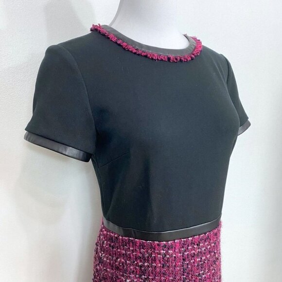 KARL LAGERFELD BLACK BURGUNDY TWEED WOOL BLEND FAUX LEATHER COMBO DRESS - 2 - Picture 4 of 9